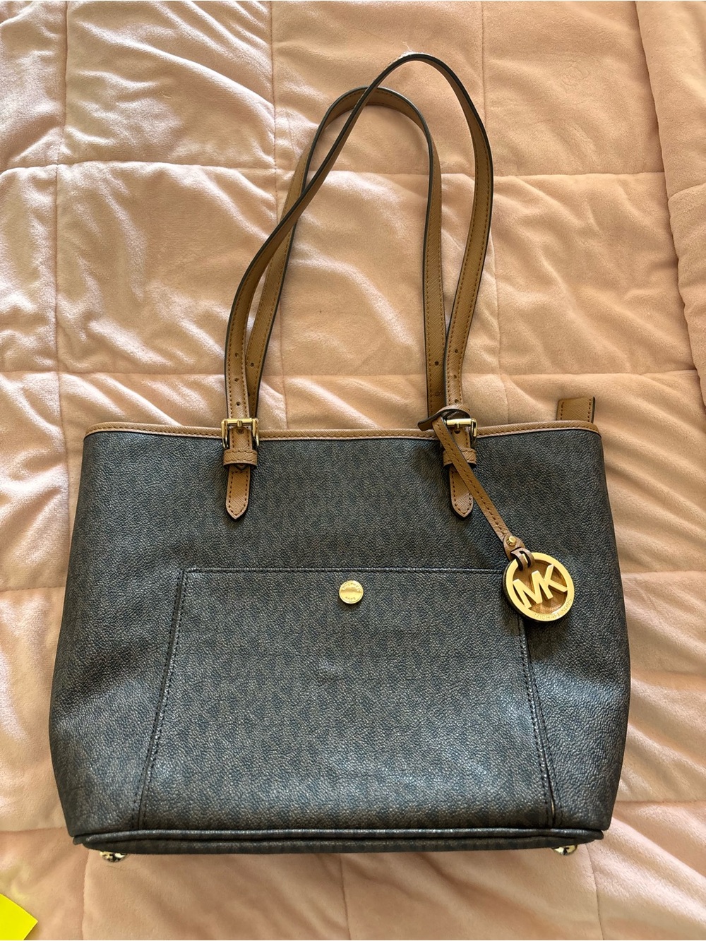 Michael Kors Black Logo Tote with Brown Straps and Gold Charm